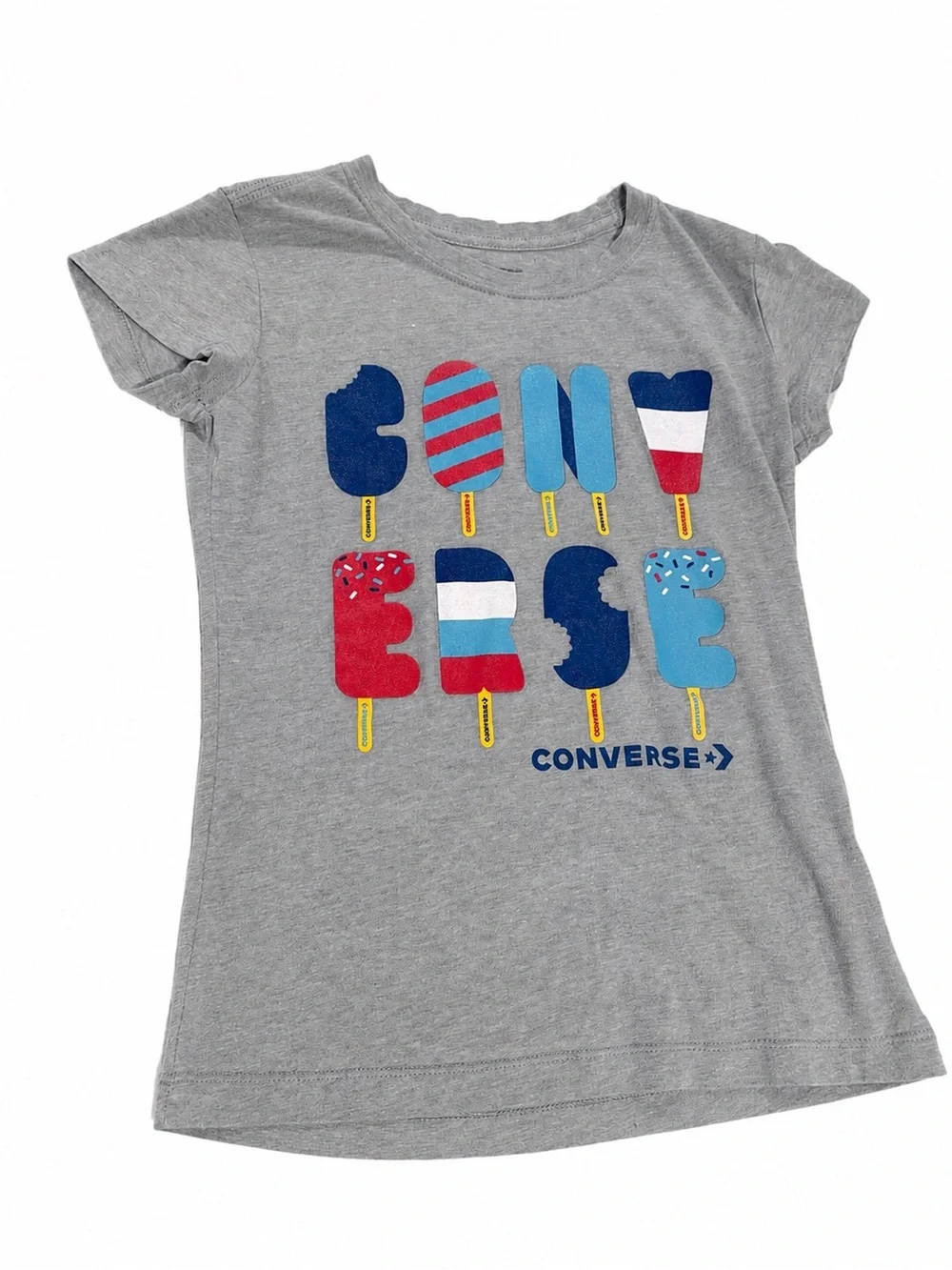 Converse Gray Girls' Short Sleeve Tee with Red, Blue, White Popsicle Graphic